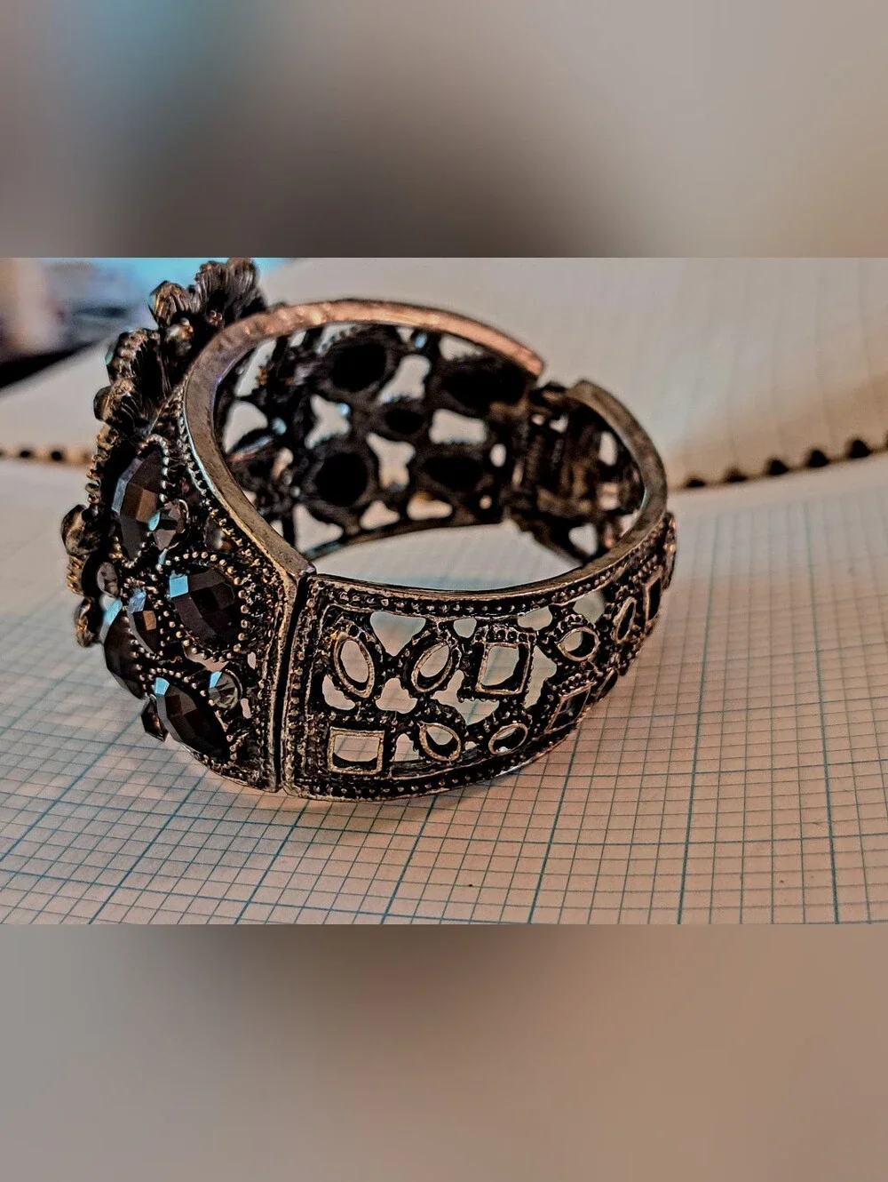 Vintage-Inspired Black Crystal Statement Hinged Bangle Bracelet